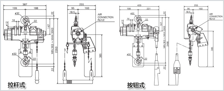 遠藤ENDO EHL-TS型氣動葫蘆尺寸